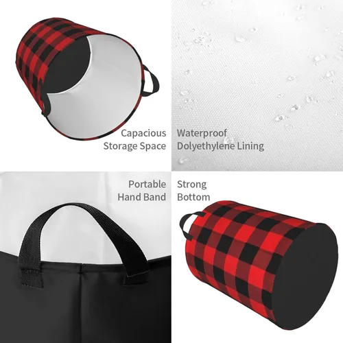 Vista 4 de Cesta circular con estampado de cuadros de búfalo impermeable, cesta organizadora de lavandería, con asas, para ropa, juguetes, pequeña