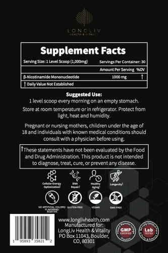 Vista 5 de LongLiv NMN Suplemento – Polvo avanzado de mononucleótido de nicotinamida NMN – Suplementos NMN formulados por médicos 1000 mg para optimización