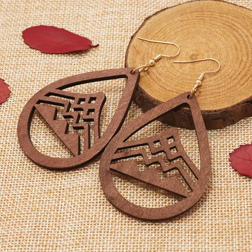Vista 3 de Aretes de lágrima de madera, 2 pares de aretes colgantes de madera natural, regalos para mujeres y niñas