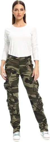 Vista 3 de OCHENTA Pantalones cargo holgados militares casuales para mujer, camuflaje militar, combate de fatiga con 8 bolsillos