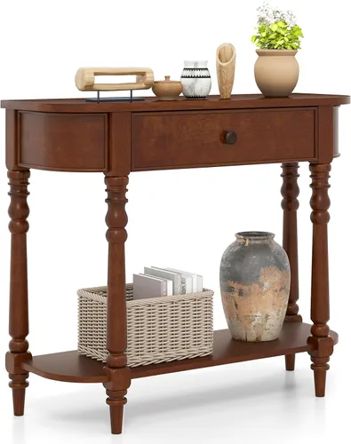 Vista 10 de Giantex Mesa consola de 2 niveles, mesa de entrada retro de 36 pulgadas con cajón de almacenamiento y patas elegantes, mesa de sofá de madera Azul