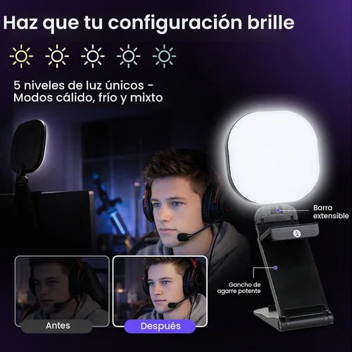 Vista 7 de Kit de transmisión de cámara web para configuración de juegos: cámara HD 1080P, micrófono USB RGB y luz LED, accesorios de transmisión todo en uno