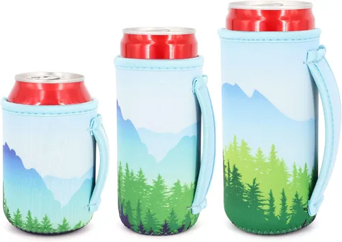 Vista 31 de 3 Pack de fundas aisladas reutilizables de neopreno con asa para soda, bebida energética, refresco, cerveza, seltzer duro, fundas para latas de 12