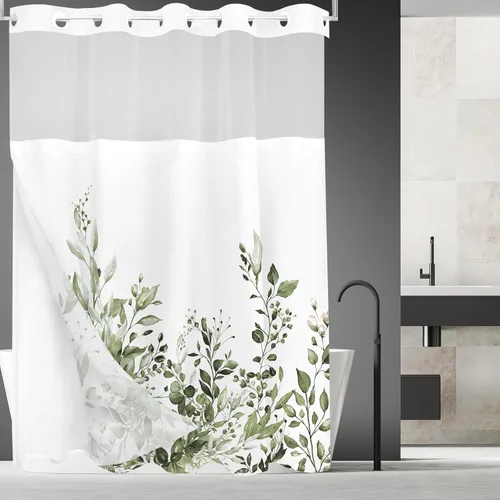 Vista 53 de Tititex - Juego de cortinas de ducha de eucalipto negro, hojas de acuarela gris en la parte superior, con decoración floral de baño, 60 x 72