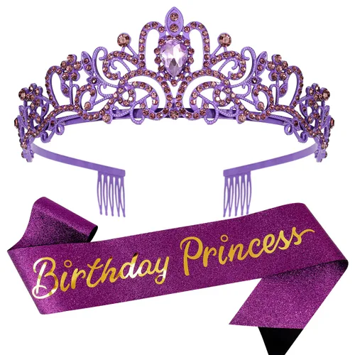 Vista 13 de VELSCRUN Tiaras de coronas de princesa de cumpleaños, banda de cumpleaños para niñas, decoraciones de feliz cumpleaños/accesorios para mujer Rosa