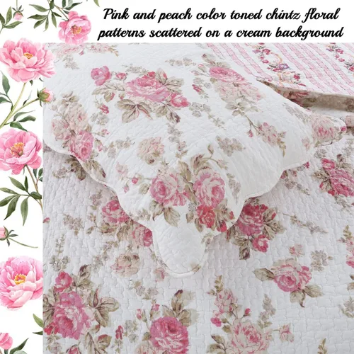Vista 3 de Juego de ropa de cama edredón de algodón de 3 piezas tamaño Queen, estilo cottage romántico con peonías rosa melocotón shabby chic chintz floral a