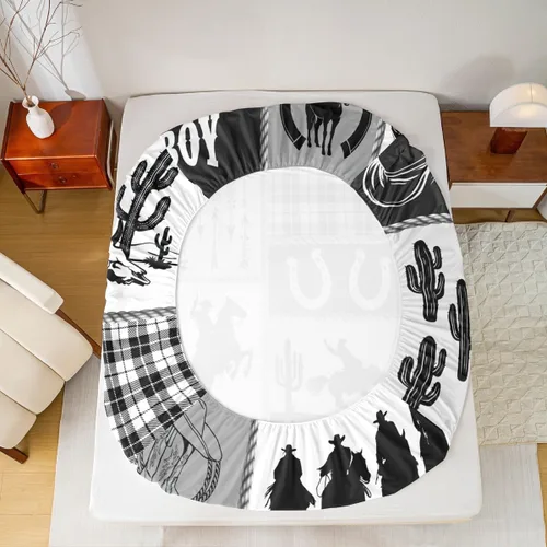 Vista 6 de Juego de sábanas para niños estilo vaquero occidental tamaño individual, juego de ropa de cama con diseño geométrico de cactus, decoración