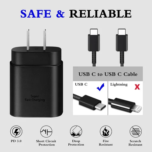 Vista 3 de GUUSMART Cargador tipo C, paquete de 2 cables de carga USB C de 25 W de largo y 6 pies Cargador tipo C Bloque de carga rápida compatible con Negro