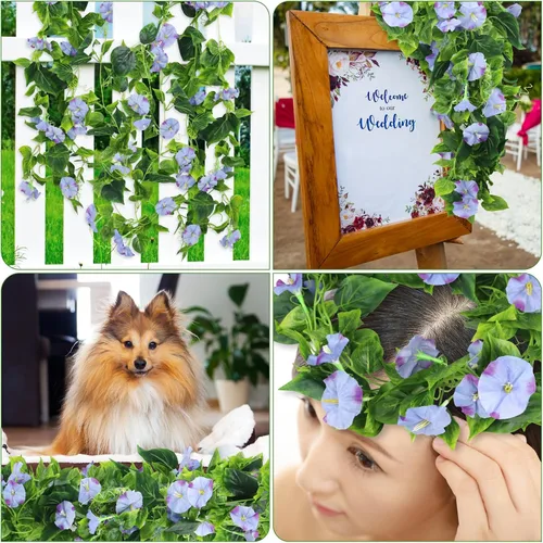 Vista 7 de AirSun Vid de flores artificiales de gloria matutina, 2 plantas colgantes de 15 pies, guirnalda de seda falsa de plantas verdes falsas