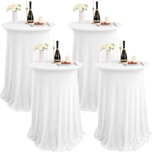 Vista 13 de Paquete de 4 manteles redondos para mesa de cóctel, de 32 x 43 pulgadas, de elastano, con cortinas onduladas, color beige, para mesa de boda, bar