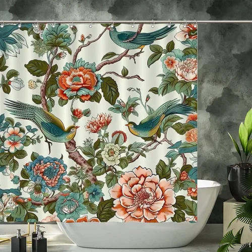 Vista 5 de Cortina de ducha de poliéster con diseño de peonía roja, diseño de flores, animales, pájaros, cortina de baño con diseño de flores de coral, cortina
