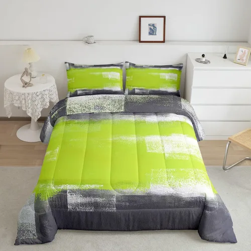 Vista 23 de Erosebridal - Juego de ropa de cama con edredón a cuadros de retazos tamaño individual, aguada geométrica en cuadrícula, conjunto retro grunge