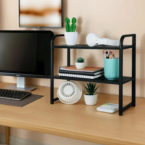 Vista 4 de Organizador de estante de escritorio de 2 niveles para la parte superior del escritorio, estante de almacenamiento de suministros de madera y metal