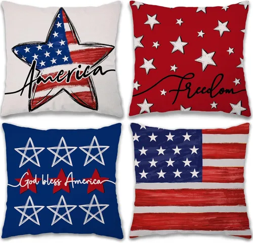 Vista 14 de GEEORY Juego de 4 fundas de almohada de 18 x 18 pulgadas para el 4 de julio, Dios bendiga Estados Unidos, estrellas valientes, a rayas, decorativas