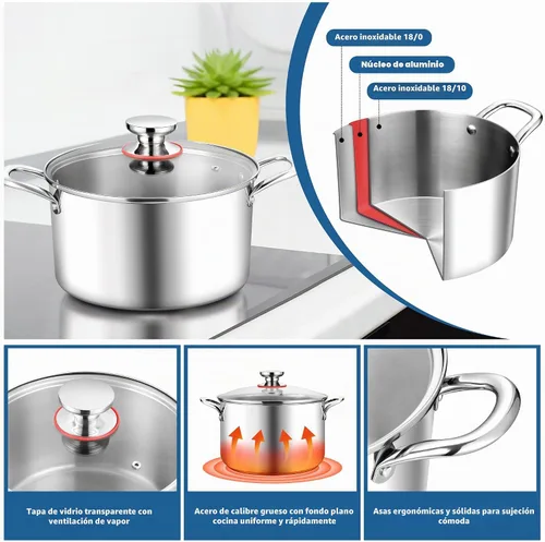 Vista 3 de E-far Olla de 6 Cuartos, Olla de Cocina de Acero Inoxidable de Tres Capas con Tapa de Vidrio y Asas Remachadas, Olla de Metal para Pasta y Sopa