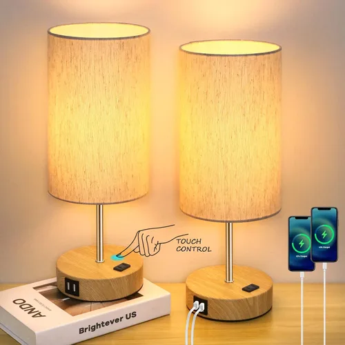 Vista 9 de Lámparas de mesita de noche con 2 puertos de carga USB y salida de CA, juego de 2 mesas de noche con base de madera de control táctil, lámparas Crema