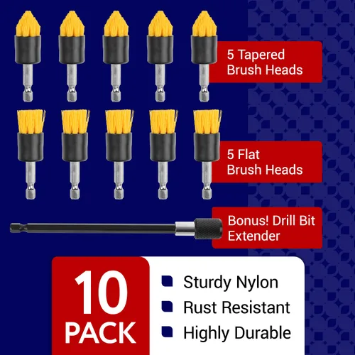 Vista 4 de Impresa Juego de accesorios para cepillos de taladro, paquete de 10, 5 cónicos y 5 planos, extensor de 6 pulgadas, cepillos de limpieza de lechada