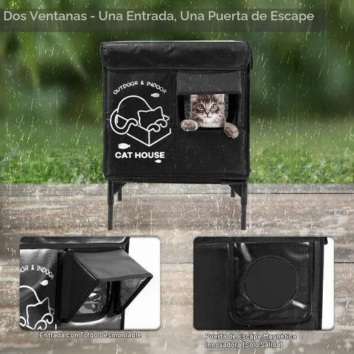 Vista 3 de Casa para gatos al aire libre, refugio elevado indestructible para gatos resistente a la intemperie con puerta de escape, exterior impermeable