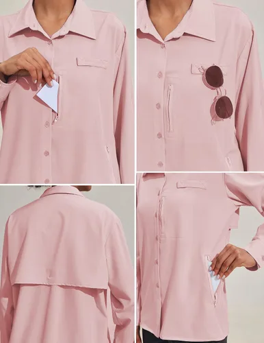 Vista 5 de Pinspark Camisa de manga larga UPF 50+ para mujer, de secado rápido, con bolsillos Rosado
