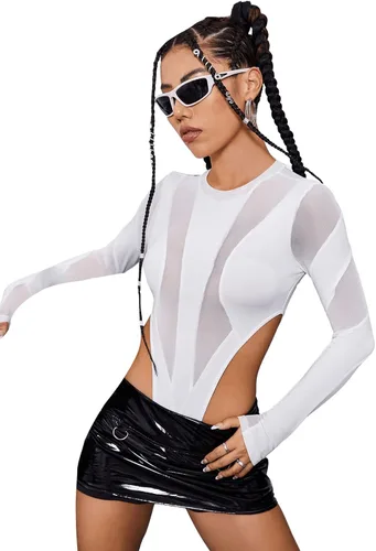 Vista 3 de Verdusa Body de malla en contraste de manga larga con cuello redondo y corte ajustado para mujer