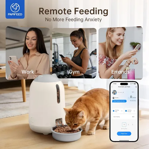 Vista 2 de PAPIFEED Comedero Automático para Gatos, Dispensador de Comida Automático para Gatos de 2.4G WiFi con Control de Aplicación, Comedero Automático