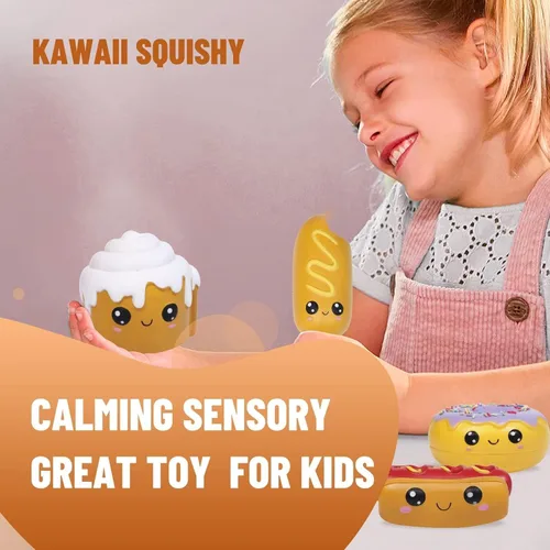 Vista 4 de Anboor 4 piezas Squishies Hot Dog Cake Pan Donut Kawaii perfumado suave levantamiento lento exprimir alivio del estrés niños juguete Navidad