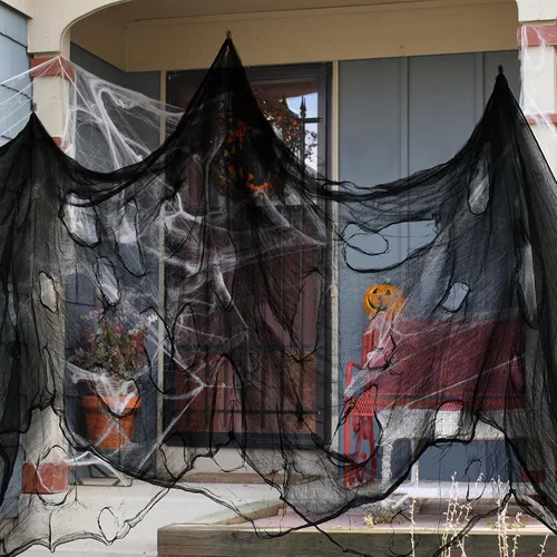Vista 5 de Tela espeluznante negra de Halloween, 315 x 85 pulgadas, decoración de Halloween al aire libre, paño negro de gasa espeluznante, accesorios