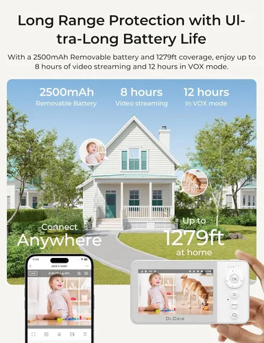 Vista 9 de Dr.Care Monitor de bebé inteligente WiFi con cámara, pantalla 720P de 4 "y