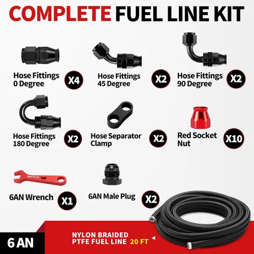 Vista 2 de Kit de línea de combustible de PTFE 6AN, manguera de línea de combustible de PTFE trenzada de nailon 6AN 20 pies E85 con conexión de extremo