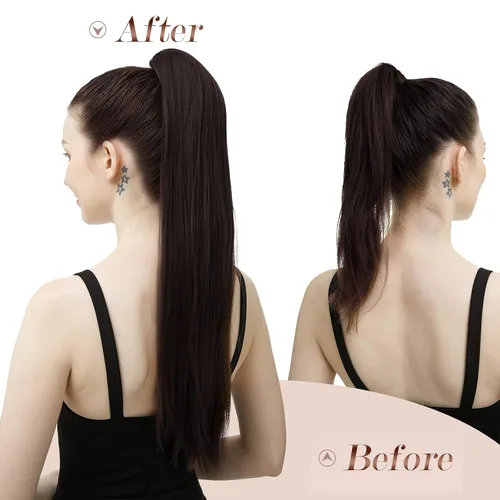 Vista 7 de FESHFEN Extensiones de cola de caballo rectas, colas de caballo largas con cordón, cola de caballo sintética con clip para mujer, color negro