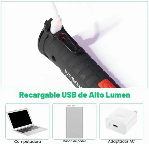 Vista 4 de Honoson - Juego de 4 luces de trabajo LED Honoson recargables con base magnética, gancho para colgar y rotación de 360°, 5 modos de linterna LED
