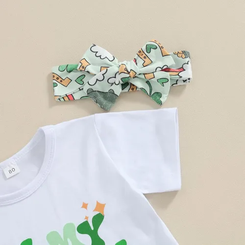 Vista 2 de Ayalinggo Conjunto de camiseta con estampado de trébol y pantalón acampanado con diadema para el Día de San Patricio In My Luck Girl Era