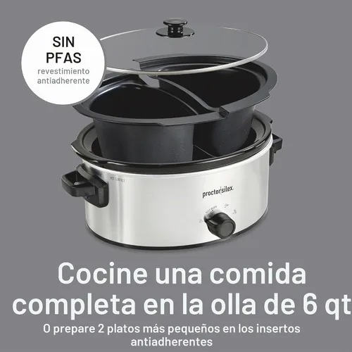 Vista 2 de Proctor Silex Olla de cocción lenta de doble plato con olla de 6 cuartos de galón y inserto antiadherente de 2.5 cuartos de galón para cocinar dos