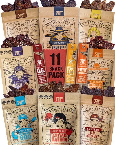 Vista 9 de RIGHTEOUS FELON Paquete Variado de Cecina de Res y Palitos de Carne, Alta en Proteína, Baja en Carbohidratos, Baja en Azúcar, Sin Gluten, Bocadillos