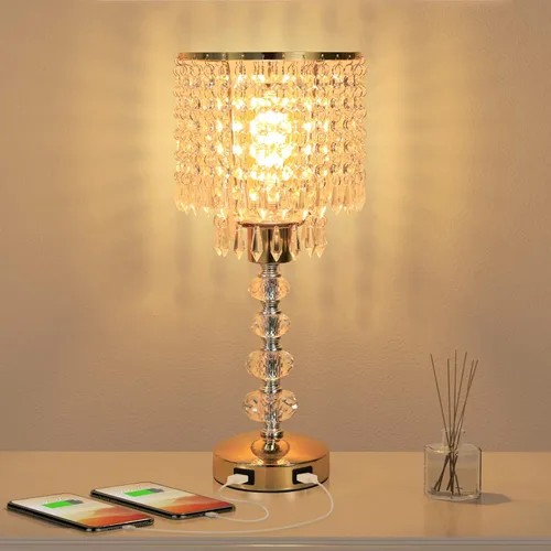 Vista 7 de Lámpara de mesa de cristal con control táctil, regulable de 3 vías, lámpara pequeña para mesita de noche con 2 puertos de carga USB, lámpara de mesa