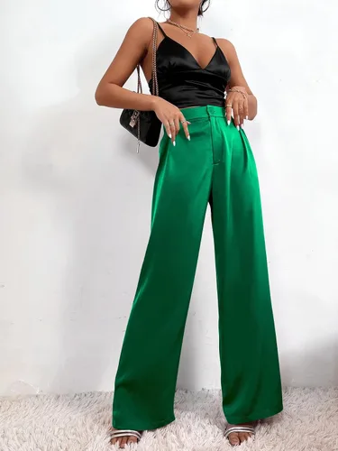 Vista 4 de SweatyRocks Pantalones largos de satén de cintura alta para mujer, de pierna ancha, casuales, trabajo, oficina, de seda sintética con bolsillos