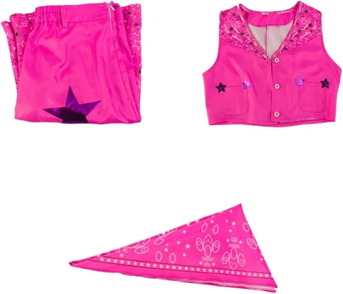 Vista 7 de TODFIY Disfraz de heroína de la película para adultos, vestido rosa, pantalón acampanado rosa, disfraz de Halloween para mujeres y niñas con peluca