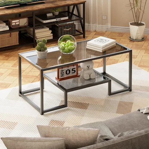 Vista 4 de Wolawu Mesa de Café de Cristal Gris Mesa de Café para Sala de Estar, Mesa Central Rectangular de 2 Niveles con Marco de Metal Resistente, Mesa
