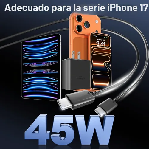 Vista 5 de Cargador para teléfono 17 16 Pro Max de carga rápida, 45 W USB C Phone 17 16 Bloque de carga súper rápido con cable de carga tipo C de 6.6 pies