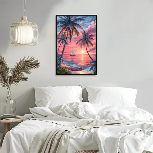 Vista 5 de Beach Pictures Wall Art Coastal Cowgirl Room Decor Red sunset beach palm tree poster Preppy Decor Summer Tropical Ocean Art Canvas Print For Teen