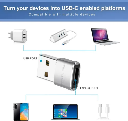 Vista 8 de Adaptador USB a USB C 4 Pcs Plata, Carga Rápida, Transferencia y Tipo C OTG