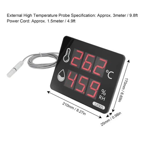 Vista 2 de Medidor de humedad de temperatura digital con sonda externa Pantalla LED termómetro higrómetro