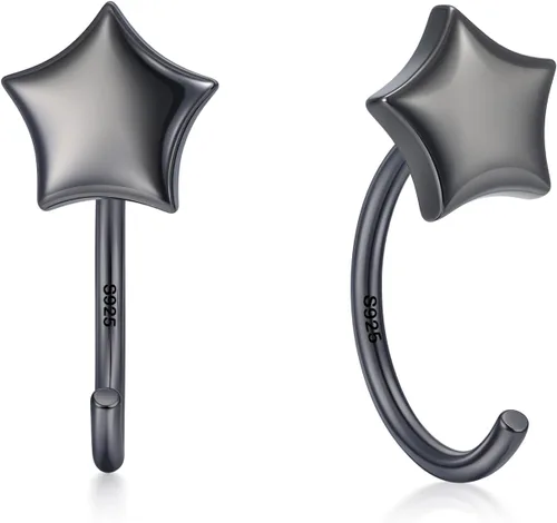 Vista 24 de CHIC & ARTSY Aretes de medio aro de plata de ley 925 para mujer, juego de aros pequeños con barra de bola, estrella, luna y perla, ligeros, ajuste