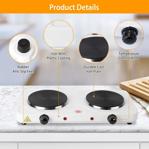 Vista 4 de Moclever - Placa caliente doble para cocinar, quemador doble eléctrico, estufa eléctrica portátil de 2000 W con control dual independiente y control