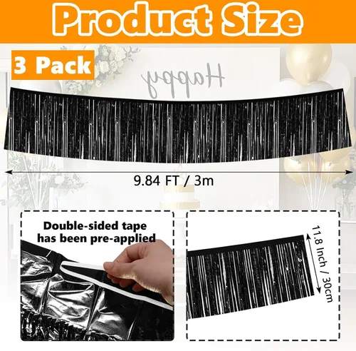 Vista 2 de Entisn Paquete de 3 guirnaldas de flecos de papel de aluminio negro, 30 pies, pancarta metálica de flecos de techo de 30 pies, guirnalda brillante