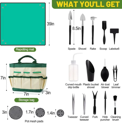 Vista 6 de Juego de 44 piezas de herramientas para plantas suculentas - Estera de re-plantación para interior de 39.4" y bolsa de 19 piezas de mini