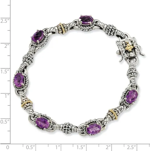 Vista 2 de Pulsera de plata de ley 925 maciza de oro amarillo de 14 k amatista púrpura febrero de 7.5in