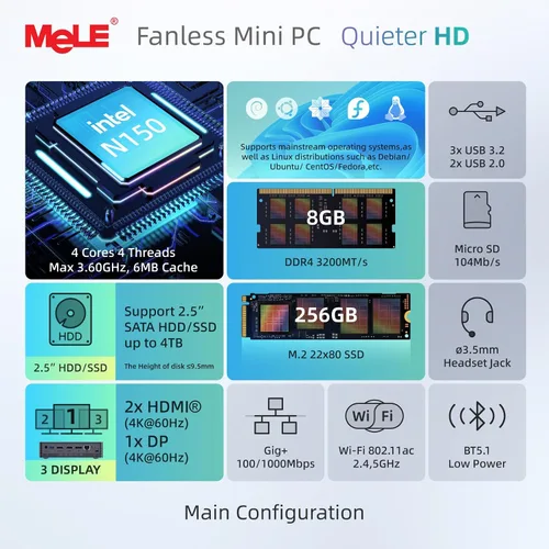Vista 2 de MeLE QuieterHD3 N150 Mini PC sin ventilador 8 GB RAM DDR4 256 GB de grado