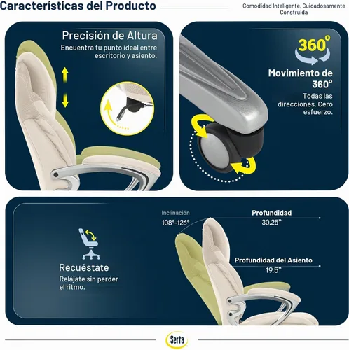 Vista 7 de Serta AIR Health and Wellness - Silla de oficina ejecutiva, respaldo alto, ergonómica grande y alta para soporte de madera, giratoria, piel Blanco