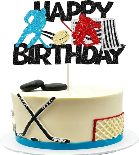 Vista 10 de Gyufise 24 adornos de hockey para cupcakes con purpurina negra, jugadores de hockey con purpurina, selecciones de cupcakes, hockey sobre hielo